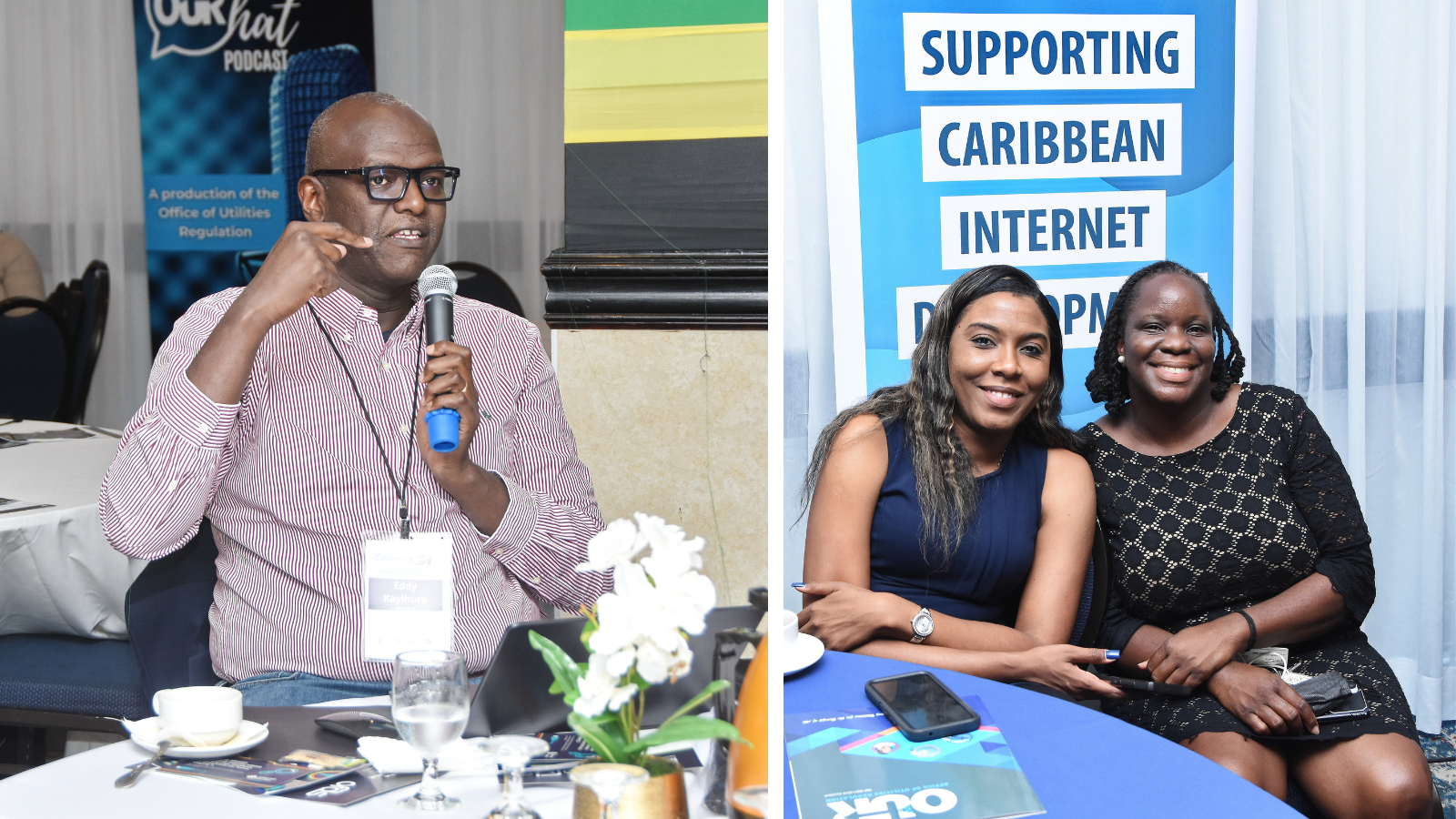 Eddy Kayihura at CaribNOG 31; CaribNOG 31 attendees in front of the ARIN &lsquo;Supporting Caribbean Internet Development&rsquo; banner