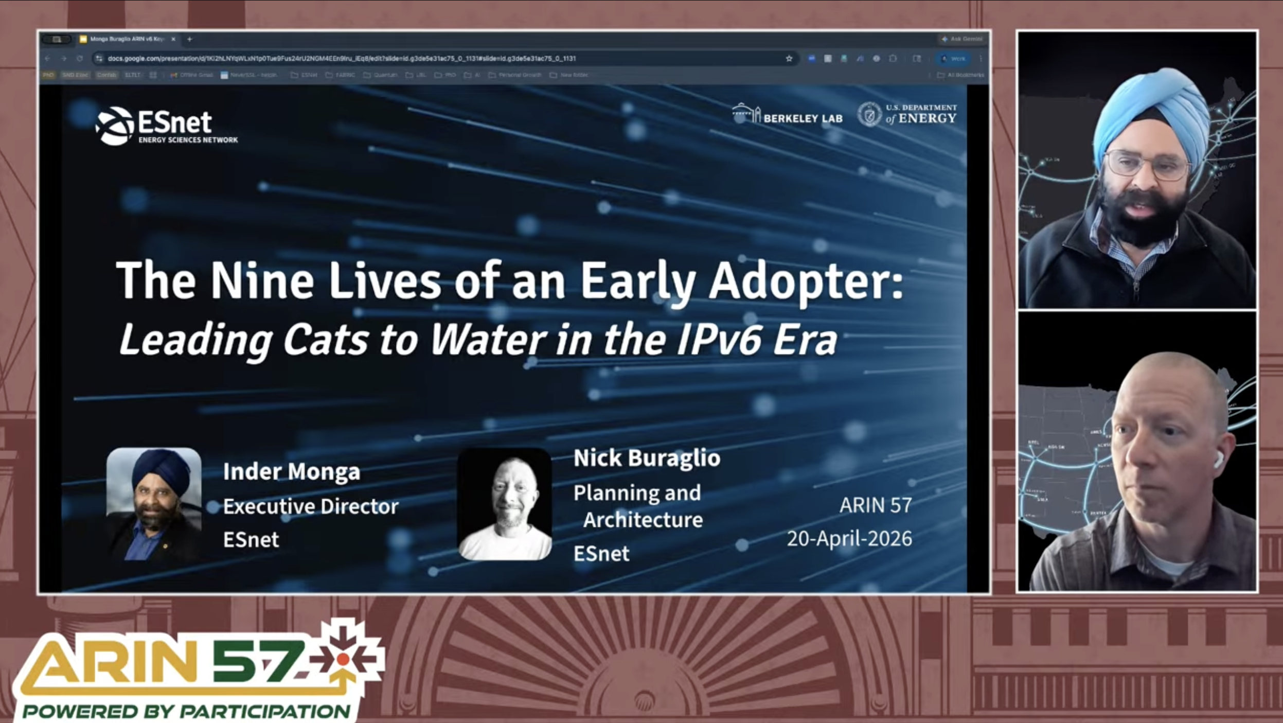 Virtual presentation screen showing Inder Monga and Nick Buraglio joining from ESnet