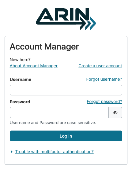 ARIN Online log in screen